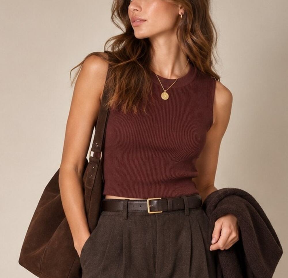 Babaton Ribbed Sculpt Knit Muscle Tank Top XS Brown Minimal Quiet Luxury Fall